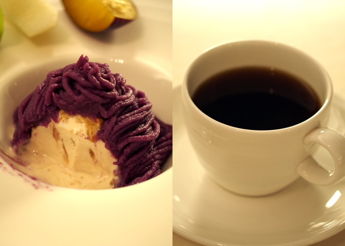 ラヴィトランキーユ 紫芋のモンブラン仕立ての断面とコーヒー