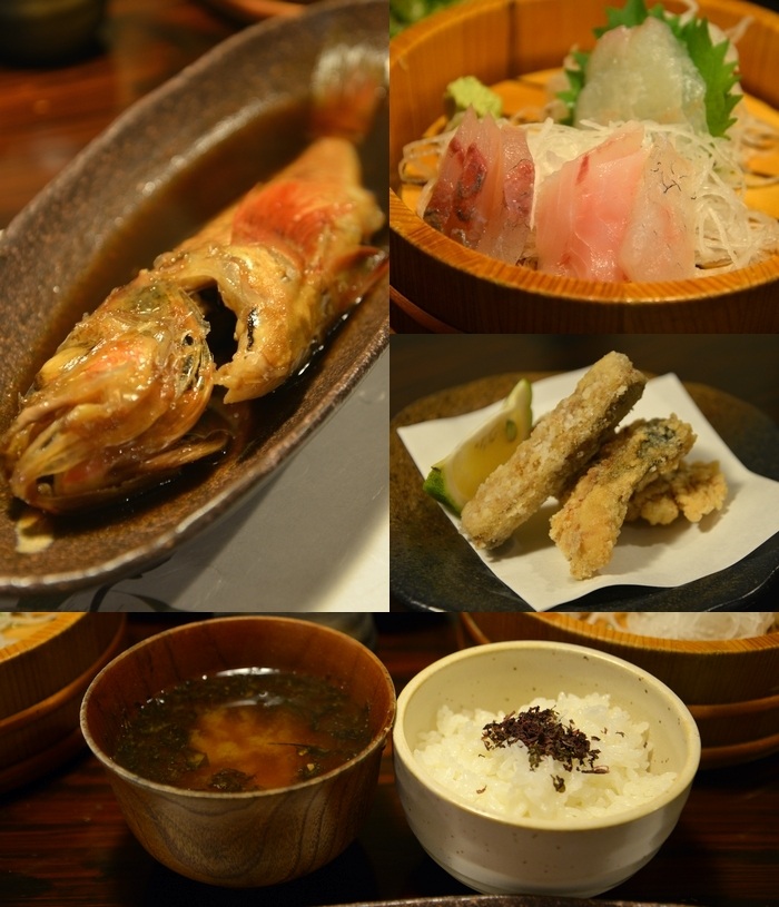 サンゴの湯やどかり 夕食 刺身盛り合わせ カサゴの煮付け