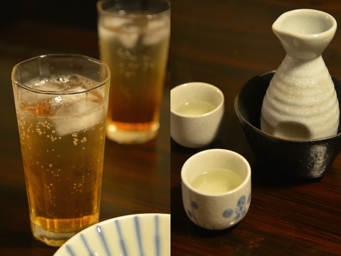 サンゴの湯やどかり 夕食 梅酒ソーダ割り 純米酒